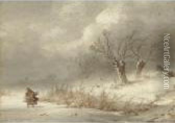 Gathering Wood In Winter Oil Painting - Johannes Franciscus Hoppenbrouwers