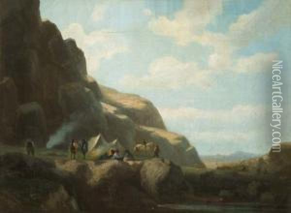 Indianerlager In Felslandschaft Oil Painting - Friedrich Ernst Wolperding