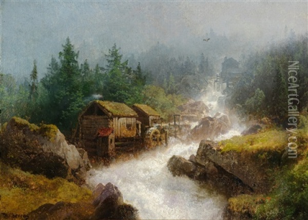 Mill At The Falls Oil Painting - Hermann Herzog