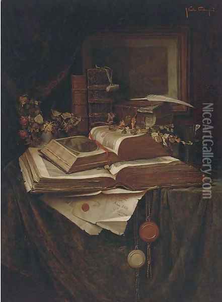 Books, roses and a vase of water on a draped table before an engraving Oil Painting - G. Kalla Priechenfeld