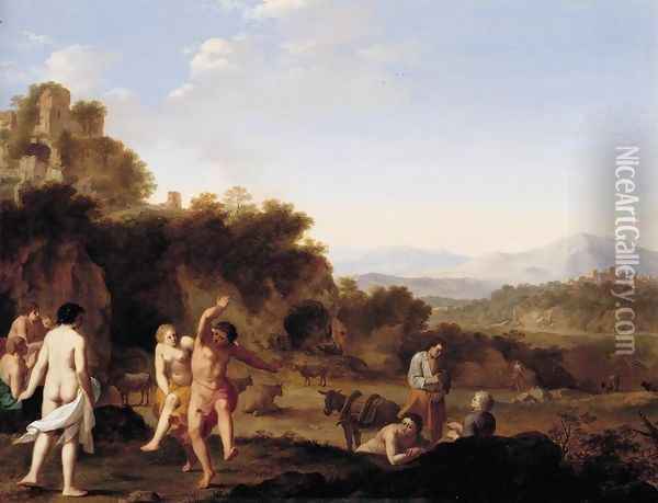 Italianate Landscape with Dancing Figures Oil Painting - Cornelis Van Poelenburgh