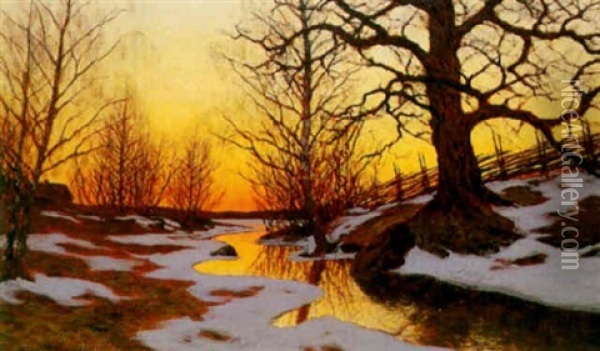 Varvinterlandskap Med A I Aftonsol Oil Painting - Edvard Rosenberg