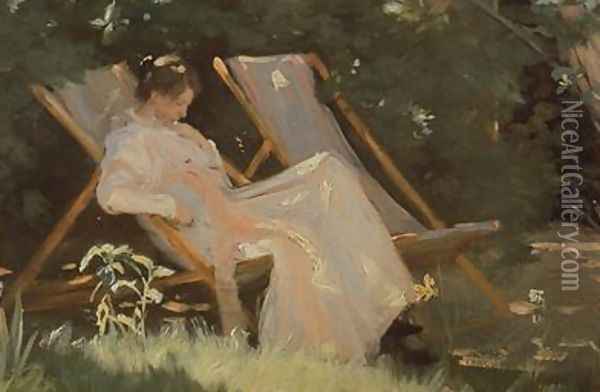 The artists wife sitting in a garden chair at Skagen Oil Painting - Peder Severin Kroyer