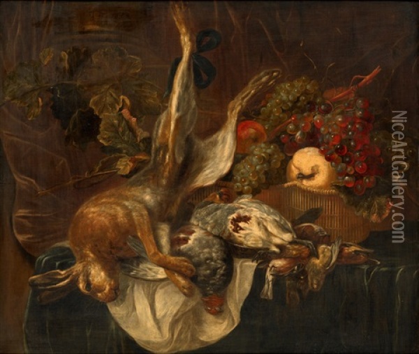A Hare, Partridges, Finches And A Basket Of Fruit On A Table Oil Painting - Jan Fyt