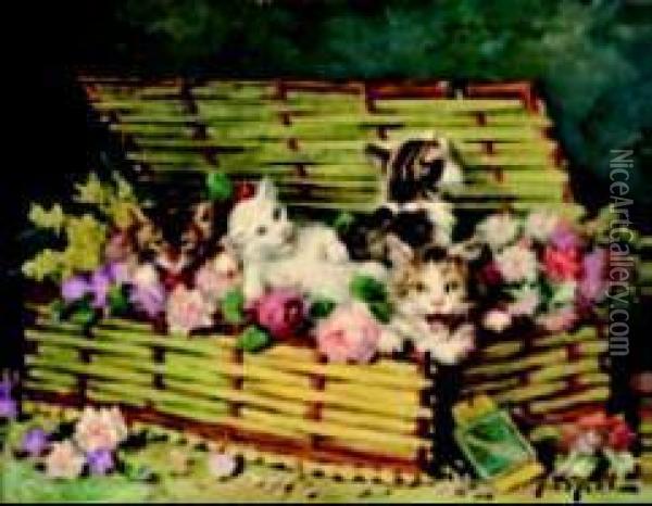 Chatons Dans Un Panier De Fleurs Oil Painting - Jules Le Roy