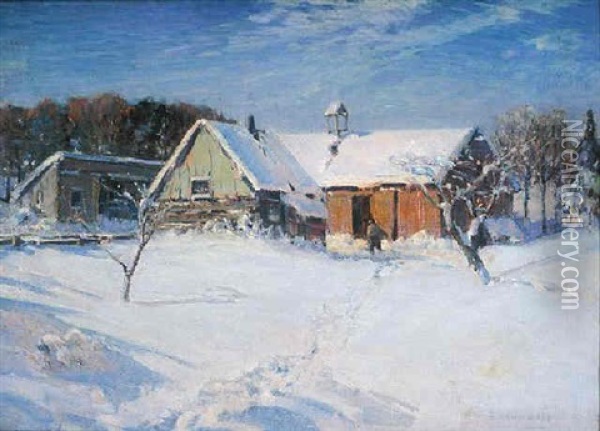 The Barn, Winter Oil Painting - Peleg Franklin Brownell
