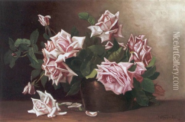 A Still Life With Roses In A Copper Pot Oil Painting - Deidrich Henry Gremke