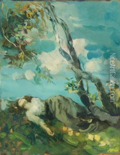 Junge Frau Unter Einem Baum Ruhend Oil Painting - Ambrogio Antonio Alciati