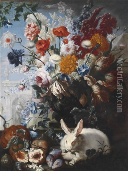 Stillleben Mit Blumen, Fruchten Und Einem Weisen Hasen Oil Painting - Esaias Terwesten