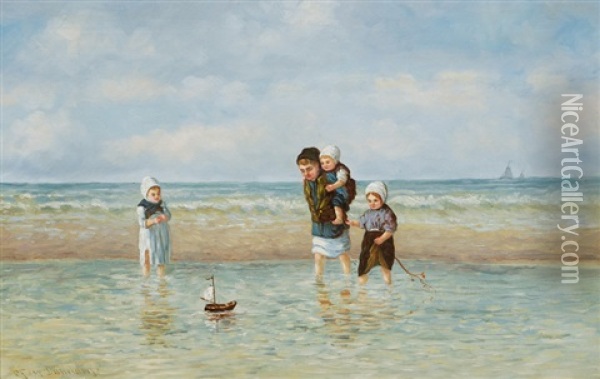 Children Playing On A Beach Of The North Sea Oil Painting - Carl Fey