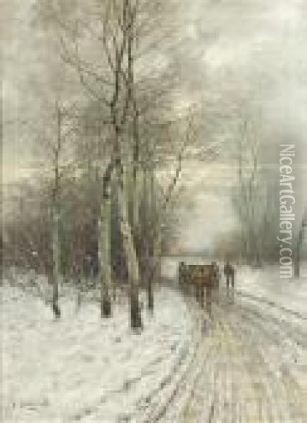 Wintry Landscape With A Horse And Cart. Oil/canvas, Signed Oil Painting - Johann Jungblutt