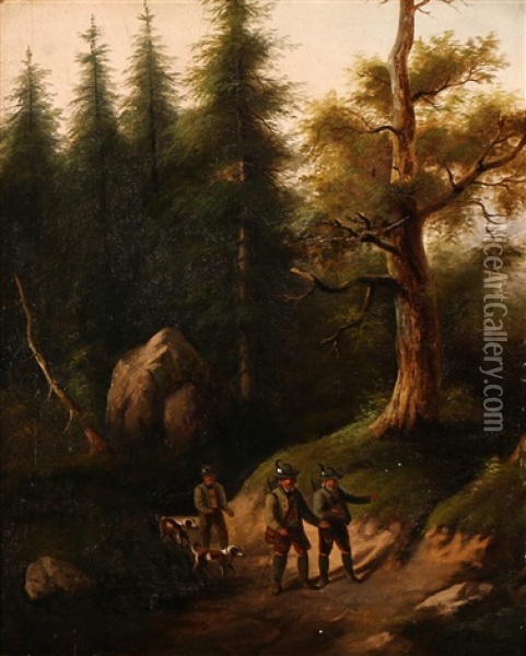 Forest Scene With Three Hunters And Their Dogs Oil Painting - Eduard Boehm