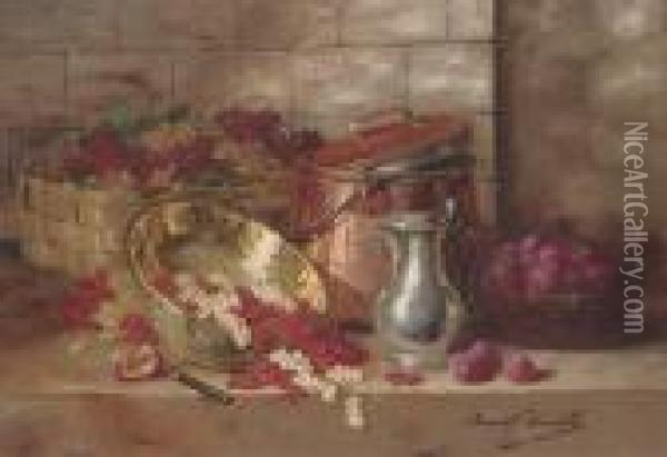 Redcurrants, Whitecurrants And Plums In Various Vessels On Aledge Oil Painting - Alphonse de Neuville