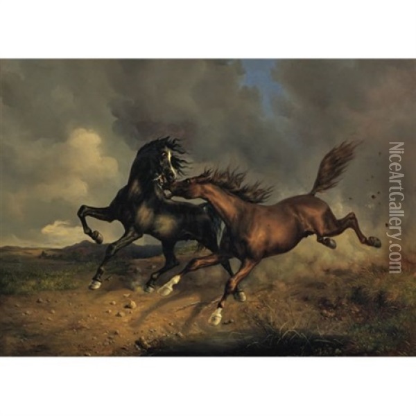 Pferde Wahrend Eines Gewitters (horses In A Storm) Oil Painting - Johann Rudolf Koller