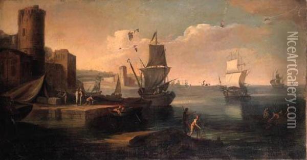 A Mediterranean Harbour With 
Merchants On A Quay With Anglers On Anoutcrop, Shipping Moored Beyond Oil Painting - Claude-joseph Vernet