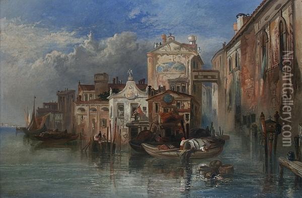 A Venetian Backwater Oil Painting - James Vivien de Fleury