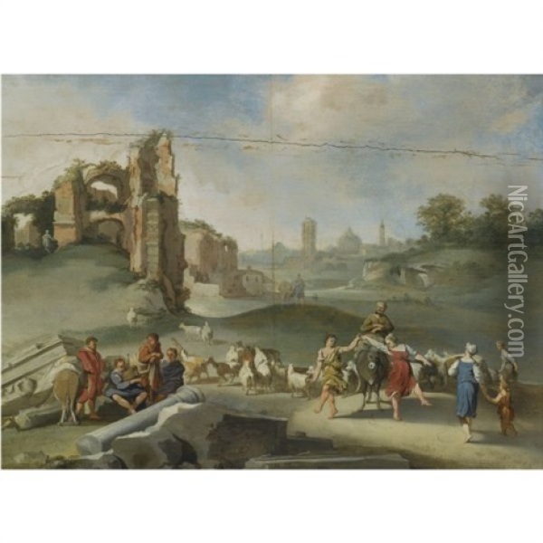 An Arcadian Landscape With Shepherds Dancing And Making Music Before Roman Antiquities Oil Painting - Jan (Hermafrodito) Linsen
