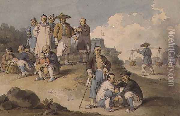 A group of Chinese watching the Earl Macartney's Embassy to China Oil Painting - William Alexander