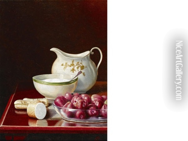 Still Life With Berries, Sugar, And Cream Pitcher Oil Painting - George Cope