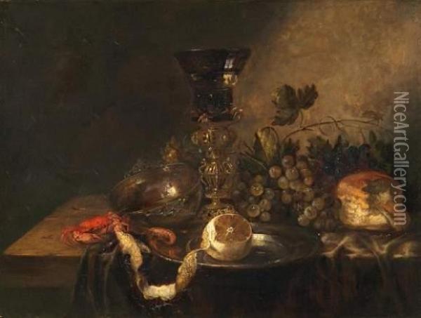 Still Life With Lobster, Peeled Lemon And Large Goblet Oil Painting - Jan Davidsz De Heem