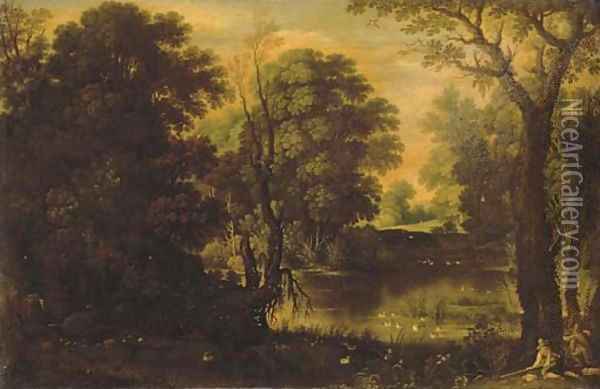 An extensive river landscape with sportsmen shooting duck Oil Painting - Maerten Ryckaert