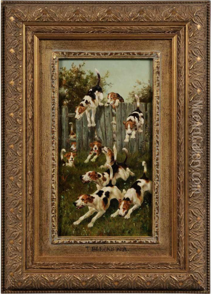 Hounds Clearing A Fence Oil Painting - Thomas Blinks