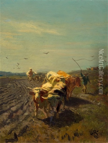 Tiller With Four Cows Oil Painting - Johann Rudolf Koller
