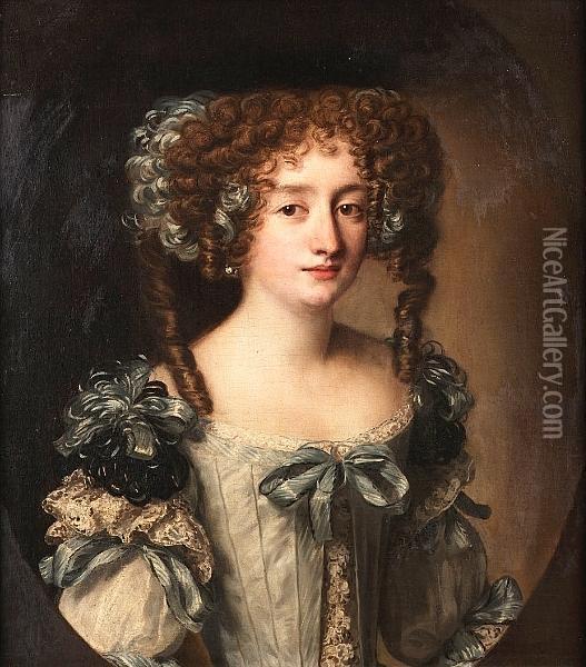 Portrait Of Hortense Mancini, 
Duchess Of Mazarin, Half-length, In A Pale Blue Dress With Blue And 
Black Bows Oil Painting - Jacob Ferdinand Voet