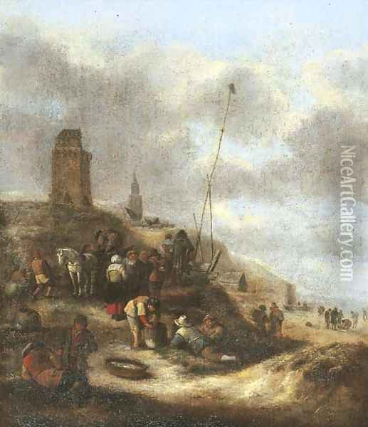 Villagers on the beach near Scheveningen Oil Painting - Claes Molenaar (see Molenaer)