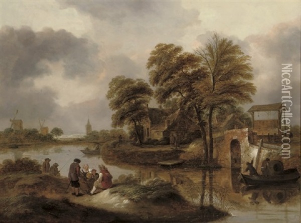 A River Landscape With Fishermen Oil Painting - Nicolaes Molenaer
