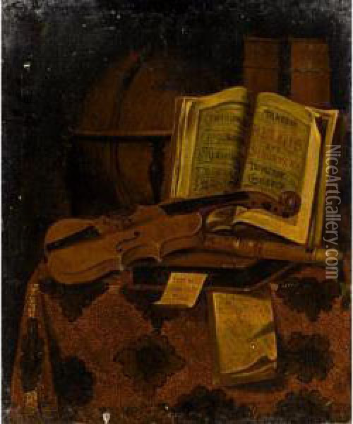 Still Life With A Violin, A Recorder, A Globe And Books On A Table Draped With A Carpet Oil Painting - Edwart Collier