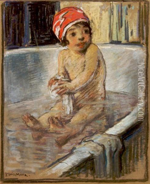 A Bathing Baby Oil Painting - Francis Luis Mora