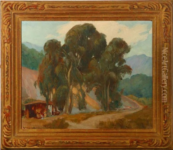 Cabin And Figures In Eucalyptus Landscape Oil Painting - Jean Mannheim