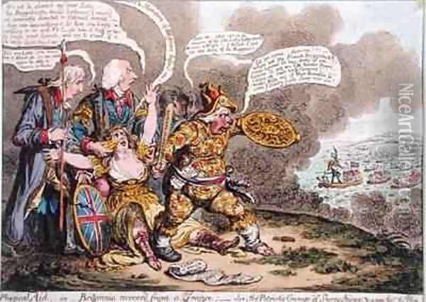 Physical Aid or Britannia recovered from a trance also The Patriotic Courage of Sherry Andrews and a Peep into the Fog Oil Painting - James Gillray