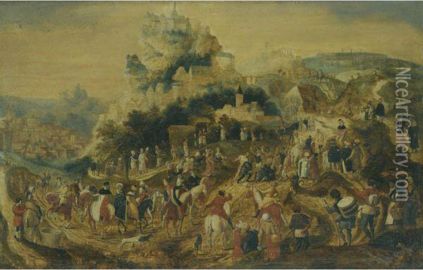 Landscape With The Road To Calvary Oil Painting - Herri met de Bles
