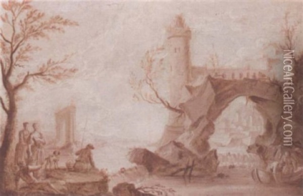 Anglers And Fishermen By A Weir, A Natural Arch And A Tower Beyond Oil Painting - Jean Baptiste Pillement
