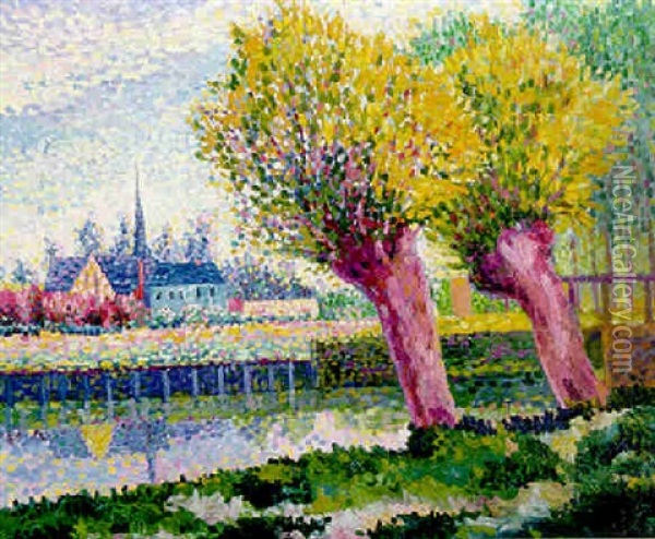 Village Au Bord De La Riviere Ou Le Matin A Achy, Oise Oil Painting - Hippolyte Petitjean