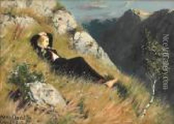 Kvinne I Gresset Ved Borgun 1877 Oil Painting - Hans Dahl