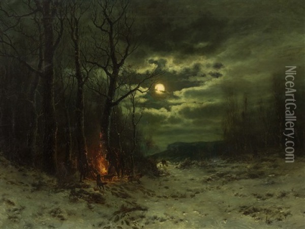 Huntsmen By The Fire Oil Painting - Anders Andersen-Lundby