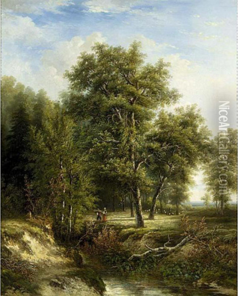 Figures On A Path In A Wooded Landscape Oil Painting - Hermanus Jan Hendrik Rijkelijkhuijsen