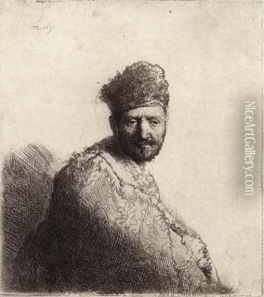 A Bearded Man, In A Furred Oriental Cap And Robe: The Artist's Father Oil Painting - Rembrandt Van Rijn