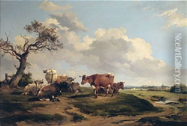 Cattle On The Banks Of The Trent Oil Painting - Thomas P. Wood