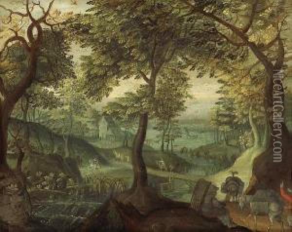 An Imaginary Landscape With Figures Anddonkeys In The Foreground Oil Painting - Anton Mirou