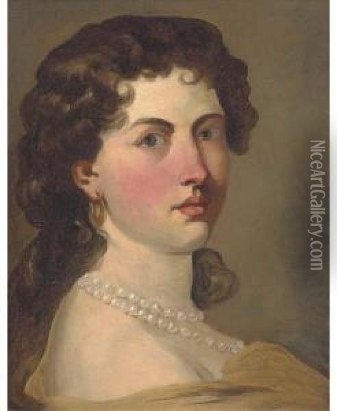Portrait Of A Lady, Small Bust-length, Wearing A Yellow Wrap Andpearl Necklace Oil Painting - Sir John Baptist de Medina