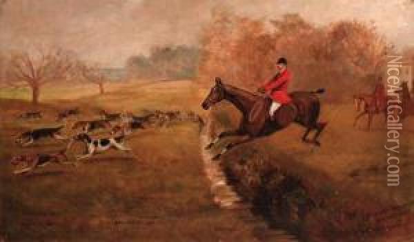 Over The Brook, The Cambridgeshire Hunt Oil Painting - Cuthbert Bradley