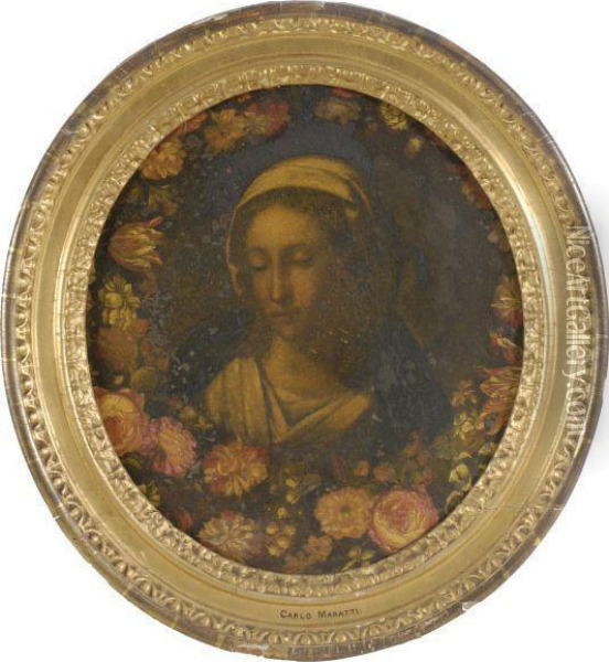 The Virgin Within A Floral Bower Oil Painting - Carlo Maratta or Maratti