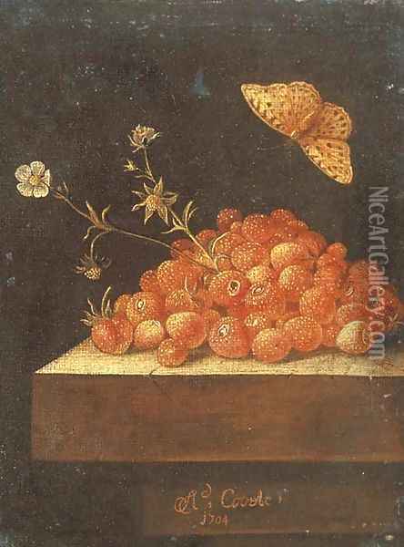 Stawberries in a pot on a stone ledge with a butterfly Oil Painting - Adriaen Coorte