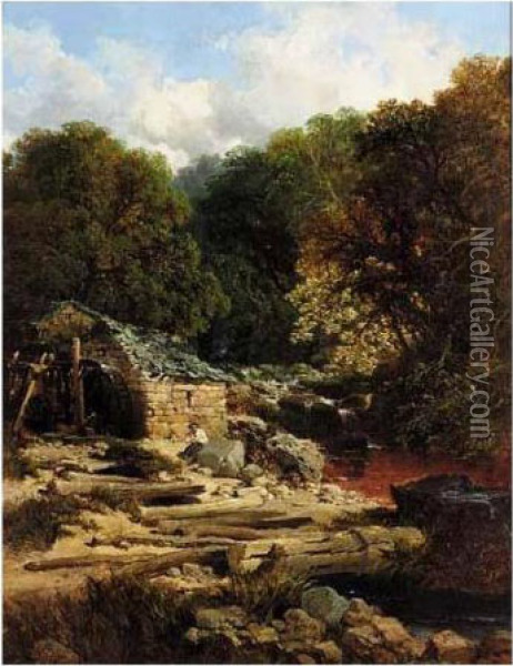 Fisherman By A Watermill Oil Painting - Edmund John Niemann, Snr.