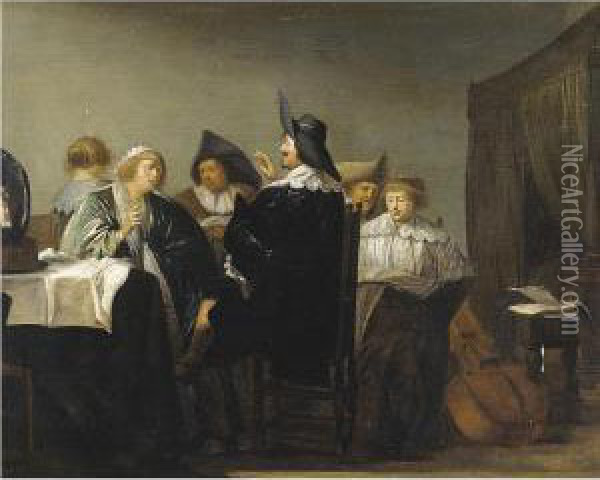 Elegant Figures In An Interior Oil Painting - Pieter Codde