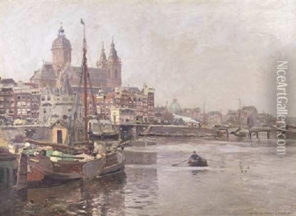 A View Of The Prins Hendrikkade And The St. Nicolaas Church, Amsterdam Oil Painting - Heinrich Hermanns